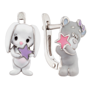 Серебряные ассиметричные серьги для девочки зайка и мишка Тедди